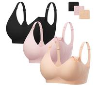 Angelhood 3 Pack Nursing Bras for Breastfeeding Seamless Pregnancy Maternity Bra Wireless Sleep Bralette with Extenders, Black/Beige/Pink, S