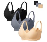 Angelhood 3 Pack Nursing Bras for Breastfeeding Seamless Pregnancy Maternity Bra Wireless Sleep Bralette with Extenders, Black/Beige/Blue, L