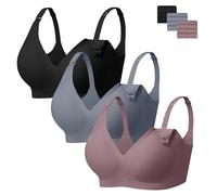 Angelhood 3 Pack Nursing Bras for Breastfeeding Seamless Pregnancy Maternity Bra Wireless Sleep Bralette with Extenders, Black/Blue/Lotus Pink, L