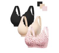 Angelhood Deep V Seamless Jelly Bras for Women, Wireless Plunge Bras Pack, Black/Nude/Pink Leopard, M