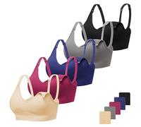 Angelhood Ribbed Nursing Bra Wireless V Neck Maternity Nursing Bra Low Cut Bralette Sleeping Breastfeeding with Extenders, Black/Burgundy/Navy Blue/Grey/Nude, L