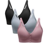 Angelhood Seamless Front Close Bras for Women with Jelly Support, Wireless Snap Closing Padded Bralette Pack of 3, 1, Black Mauve Blue, 3X-Large