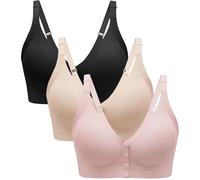Angelhood Seamless Front Closure Bras for Women with Jelly Support, Wireless Supportive Mastectomy Bralettes Pack of 3, 1, Black Beige Pink, L