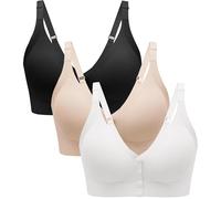 Angelhood Seamless Front Closure Bras for Women with Jelly Support, Wireless Supportive Mastectomy Bralettes Pack of 3, Black White Beige, L