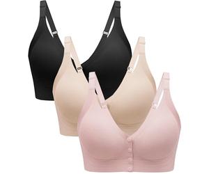 Angelhood Seamless Front Closure Bras for Women with Jelly Support, Wireless Supportive Mastectomy Bralettes Pack of 3, 1, Black Beige Pink, L