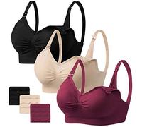 Angelhood Womens Seamless Sleep Nursing Bra,Breastfeeding Maternity Bra with Remove Bra Pads Extenders Pack of 3, Black/Beige/Wine Red, M