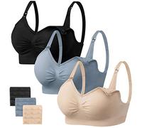 Angelhood Womens Seamless Sleep Nursing Bra,Breastfeeding Maternity Bra with Remove Bra Pads Extenders Pack of 3, Black/Blue/Beige, M