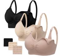 Angelhood Womens Seamless Wireless Full Coverage Nursing Bra, 3 Pack with Extenders, M, Black/Beige/Lightpink