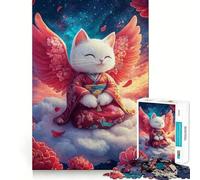 Angelic Cat in Kimono Adults 1000 Pieces Puzzle Mind Training Fun Burr Free Clean Cut Pieces Heartwarming Gathering Activity (38x52cm)
