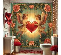 Angelic Heart Shower Curtain, Vintage Style Cherub Decor for Valentine's Day, Romantic Spring Bathroom Aesthetic, Waterproof Fabric Shower Curtain Set with Hooks 72x78 Inch