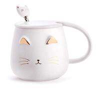 Angelice Home White Cat Mug, Cute Kitty Ceramic Coffee Mug with Stainless Steel Spoon, Novelty Coffee Mug Cup for Cat Lovers Women Girls
