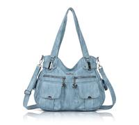 Angelkiss Women's Designer Handbag Large Double Zipper Multi Pocket Washed Leather Purse, Blue