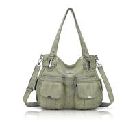 Angelkiss Women's Designer Handbag Large Double Zipper Multi Pocket Washed Leather Purse, Stone-yellow