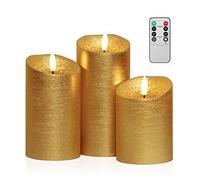 ANGELLOONG Flickering Flameless Candles with Timer, Battery Operated Candles with Remote, Set of 3 Real Wax Holiday LED Candles for Valentines Wedding Party Home Decor, Gold