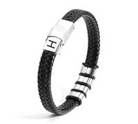 Angelra Bracelets for Men, Black Leather 26 Initial Bracelet for Men, Stainless Steel A-Z Letter Charm, Woven Bracelet, Christmas Gifts for Dad, Grandfather, Friend, Son, Brother, 7.5cm, Brass, No
