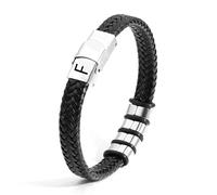 Angelra Bracelets for Men, Black Leather 26 Initial Bracelet for Men, Stainless Steel A-Z Letter Charm, Woven Bracelet, Christmas Gifts for Dad, Grandfather, Friend, Son, Brother, 7.5cm, Brass, No