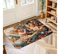 Angels Area Rug, Christmas Vintage Christmas Tree Ornaments Green Non-Slip Aesthetic Doormat Rectangle Accents Rug Laundry Room Bathroom Doorway Entryway Decor 2' x 3'