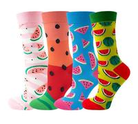 Angelteers 4 Pairs Novelty Cartoon Patterns Cotton Crew Socks for Women Adults, Watermelon, One size