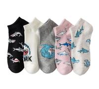 Angelteers 5 Pairs Cute Cartoon Animals Print Cotton Ankle Socks for Women Teens, Shark, One size