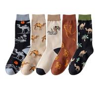 Angelteers 5 Pairs Novelty Animal Food Plant Pattern Cotton Crew Socks for Women, Camel, One size