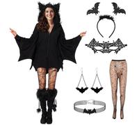 Angenster Bat Costume Women, 6 Pcs Halloween Costume Women Bats Cosplay Witch Outfit with Hood Mask Fishnet Stockings Headband Earrings Collar, Bat Vampire Costume for Adults (Women, L)