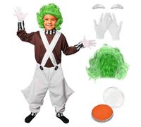 Angenster Chocolate Worker Factory Costume, World Book Day Costumes for Kids Adults with Tops and Strappy Trousers Gloves Wigs, World Book Day Fancy Dress Costume (Kids, 110)
