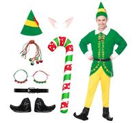 Angenster Elf Costume for Adults, Christmas Costume Men's Christmas Elf Cosplay Gnome Costume with Hat Belt Ear Necklace Crutches Bracelet Shoe Covers, Christmas Elf Costume (Men, S)