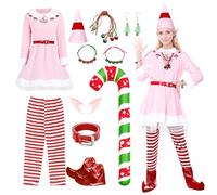 Angenster Elf Costume for Adults, Christmas Costumes Men Women Christmas Elf Cosplay Buddy The Elf Costume with Hat Belt Ear Necklace Balloon Bracelet Shoe Covers, Couple Xmas Elf Costume (Pink, L)