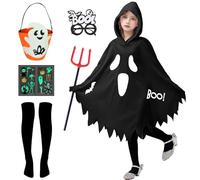 Angenster Ghost Costume Kids, Ghost Halloween Costumes Toddler Ghost Costume Black Smiling Ghost Outfit with Handbag Glasses Fork Stockings Tattoo, Scary Ghost Face Cape for Halloween (Black, 3-4Y)
