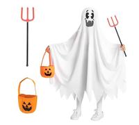 Angenster Ghost Costume Kids, Halloween Ghost Costume Kids White Ghost Cloak White Sheet for Ghost Costume with Devils Fork Pumpkin Basket, Kids Ghost Costume for Trick or Treat Halloween Carnival