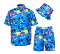 Angenster Men's Hawaiian Shirt and Shorts Set,2Pcs Summer Beach Outfits with Bucket Hats (UK, Alpha, 3XL, Regular, Regular, Blue A)