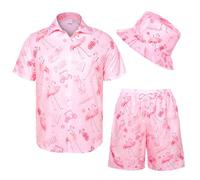 Angenster Men's Hawaiian Shirt and Shorts Set,2Pcs Summer Beach Outfits with Bucket Hats (UK, Alpha, XL, Regular, Regular, Pink Flamingo)