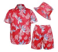 Angenster Men's Hawaiian Shirt and Shorts Set,2Pcs Summer Beach Outfits with Bucket Hats (UK, Alpha, XXL, Regular, Regular, Red Leaf)