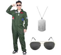 Angenster Pilot Costume Set for Adults - Fighter Jet Aviator Outfit With Jumpsuit, Gloves, Necklaces, Glasses - Uniform for Carnival Halloween (Green, L)