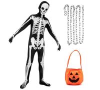 Angenster Skeleton Costume for Kids - Halloween Dark Grim Reaper Onesie With Mask and Bucket Chain - Outfit for Boys Girls (White, 120)