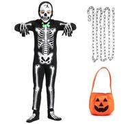 Angenster Skeleton Kids Costume - Dark Grim Reaper Onesie with Skeleton Mask, Bucket Chain - Halloween Outfit for Boys & Girls (Green, 140)
