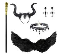 Angenster Witch Costume Adult Women, Evil Queen Costume Dark Angel Costume Black Horns with Wings Cape Staff Necklace Earrings, Witches Costume Halloween Costumes for Women Girls (Wings)
