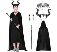 Angenster Witch Costume Adult Women, Evil Queen Costume Dark Angel Costume Black Horns with Wings Cape Staff Necklace Earrings, Witches Costume Halloween Costumes for Women Girls (Cape)