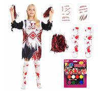 Angenster Zombie Costume Kids, Dead Cheerleader Halloween Costume Kids Zombie Fancy Dress with Dress Painting Sticker Stocking (Red, L)