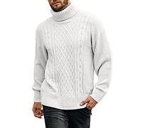 Angeun Mens Turtleneck Sweater Pullover Twisted Pattern Casual Loose Fit Thick Winter Long Sleeve Cable Knit Sweaters, White, Large
