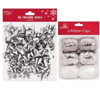 ANGIX 16 x Silver Gift Bows with Matching Ribbon Cops Set Luxury Metallic Foil Shiny Design Decorative Bow for Christmas, New Year & Party Presents