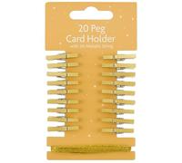 ANGIX 20 x Wooden Peg Christmas Card Holders with 2m Metallic String, Mini Pegs for DIY Hanging Christmas Cards, Photo Display & Decorations, Decorative Light Clips for Holiday Decor (Gold)