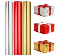ANGIX 3 x 1.5m Metallic Wrapping Paper Rolls - Each Silver Red Gold Foil Effect Plain Gift Wrap - Luxury Gift Wrapping Paper for Birthday, Wedding, Christmas, Anniversary & Special Occasions