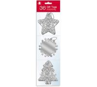 ANGIX 36 x Christmas Gifts Tags with Metallic Thread, Silver Luxury Glitter Foiled Star & Christmas Tree Shape Gift Tag