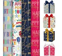 ANGIX 4 Rolls x 3M Happy Birthday Wrapping Paper 70CM Multipack Premium Gift Wrapping Paper Set Perfect for Birthday Celebration (Total - 12M)