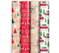 ANGIX 4 x 4M Traditional Christmas Wrapping Paper Rolls - Premium Festive Gift Wrap Set with Tree, Reindeer & Red Car Designs - Xmas Wrapping Paper for Holiday Presents & Festive Decorations