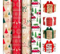 ANGIX 4 x 4M Traditional Christmas Wrapping Paper Rolls - Premium Festive Gift Wrap Set with Tree, Reindeer & Red Car Designs - Xmas Wrapping Paper for Holiday Presents & Festive Decorations