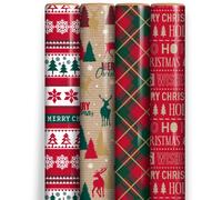 ANGIX 4 x 7m Christmas Wrapping Paper Roll Set - Luxury Tartan & Reindeer Gift Wrap - Premium Kraft Christmas Wrapping Paper for Holiday Presents, Festive Decor & Seasonal Celebrations (Total 28m)