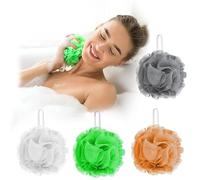 ANGIX 4 x Loofah Ultra Soft Mesh Pouf Bath Sponge Set - Shower Sponges for Men & Women, Premium Body Scrubber, Shower Puff Ball Sponge with Strings in 4 Mixed Colors
