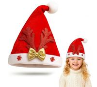 ANGIX Christmas Santa Hat with Glitter Antlers & Gold Bow - Unisex Soft Plush Red Velvet Xmas New Year Party Christmas Hat for Adults & Kids - Festive Holiday Costume Accessory